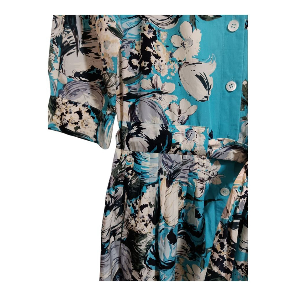 Nicole Farhi Silk Blend Turquoise Floral Button Up Belted Retro Midi Dress - Picture 14 of 16